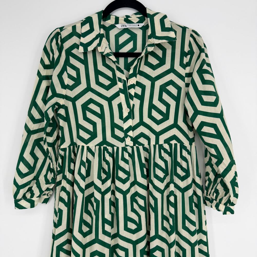 Zara Karen Tiered Midi Dress Geometric Print White Green Womens US XS - Picture 2 of 12